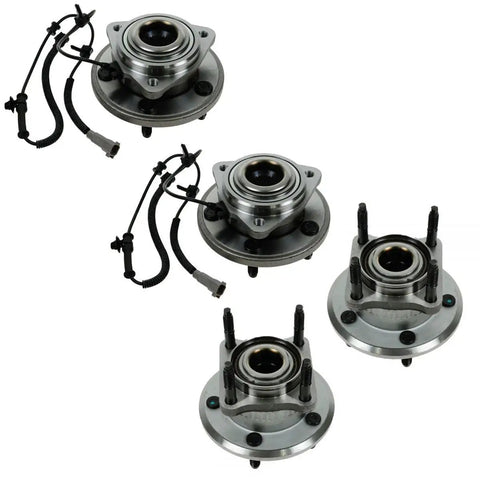 Premium Heavy Duty Wheel Bearing And Hub Assembly Set Of 4 For Your Ride Replace OE 52089434Ab 53801715 detailed view of front and rear kits.