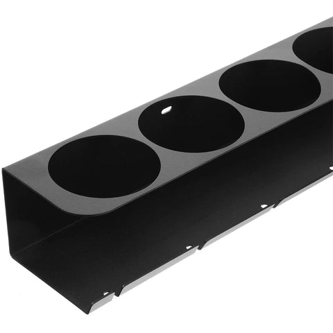 Heavy Duty Wall Mounted Spray Can Storage Rack And Metal Power Tool Organizer, black steel with four circular compartments, top view.