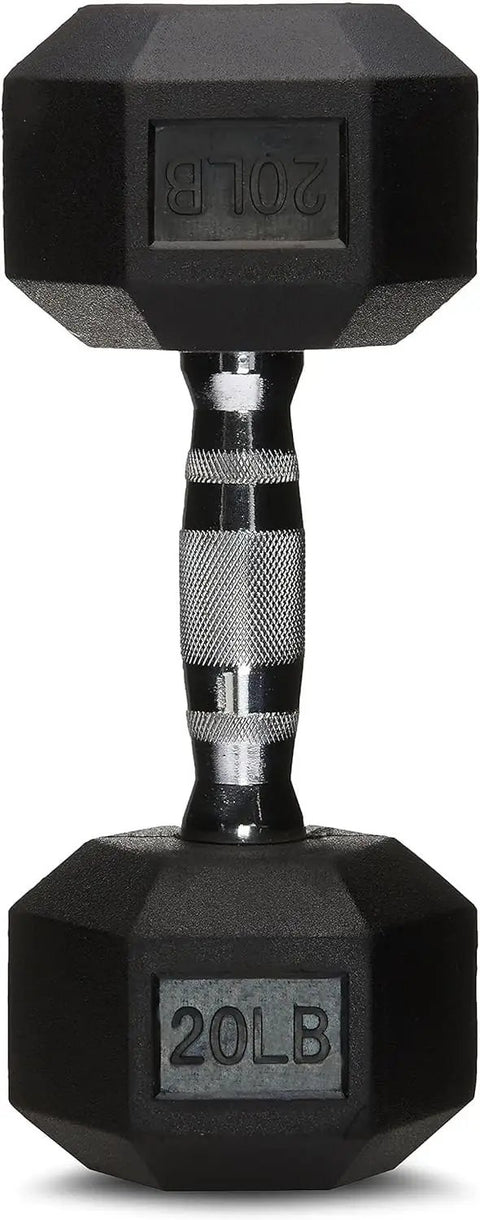 20 Pound Hex Dumbbell With Rubber Encased Cast Iron Core And Non Slip Contoured Handle For Home Gym Strength Training and Killer Daily Workout Sessions Built Tough With Sick Hex Design Black on a white background.