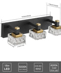 Three Light Black Brass Vanity Light For Bathroom Mirror LED Wall Fixture With Crystal Lampshades; detailed dimensions shown