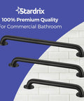 Straight Up Sturdy Matte Black Stainless Steel Grab Bar Bundle For ADA Compliant Restrooms And Hotel Rooms, three grab bars on a blue background.