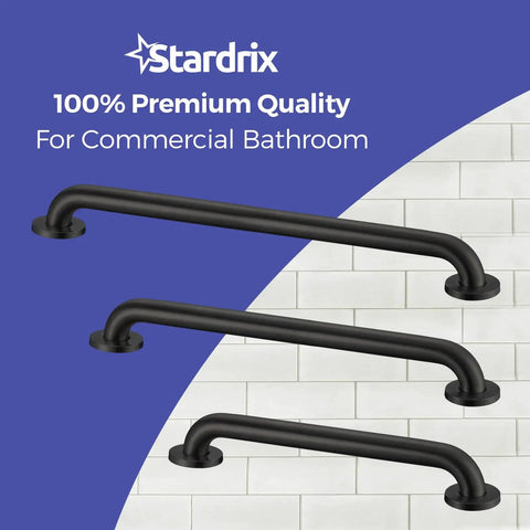 Straight Up Sturdy Matte Black Stainless Steel Grab Bar Bundle For ADA Compliant Restrooms And Hotel Rooms, three grab bars on a blue background.
