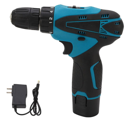 Tough As Nails 12V Cordless Drill Packed With A Sleek 1300mAh Lithium Battery, side view with charger, ergonomic handle design.