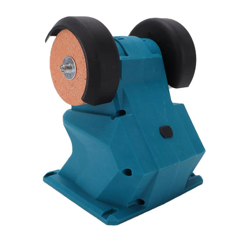 No Strings Attached Cordless Mini Bench Grinder With Dual 70mm Grinding Wheels Spinning At 5500 RPM for sharpening close-up side view