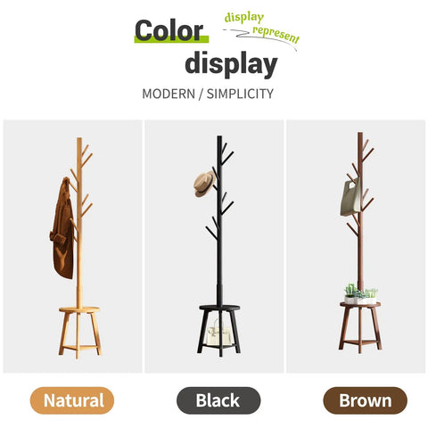 Freestanding Bamboo Coat Rack With Two Shelves And Eight Hooks, Easy Assembly, 12.6 Inch Storage Tray, Four Height Options, Hallway Or Office Floor Stand Brown, Black, Natural colors displayed.