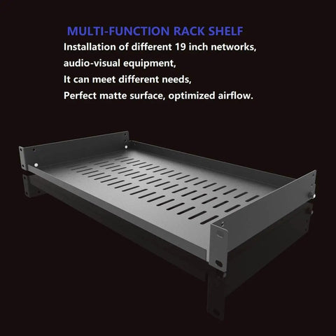 Four Pack Heavy Duty 1U Vented Cantilever Server Rack Shelf With Rock Solid 10 Inch Depth Built Like A Tank For Standard 19 Inch Data Cabinets, showing perforated design.
