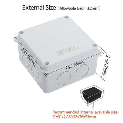 IP65 Weatherproof Outdoor Electrical Junction Box Enclosure, ABS Plastic, Dustproof And Water Resistant, White, with Size Dimensions