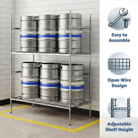 Heavy Duty Industrial Keg Rack With Adjustable Wire Shelves For Commercial Kitchens NSF Certified Steel Beverage Storage Rack Built Tough For The Long Haul Supports 800 Pounds Per Shelf with kegs on wire shelves.