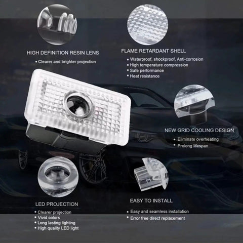 Tesla Model Door Logo Projector Lights 4 Pack LED Puddle Welcome Lamps overview showing lens, shell, and design features