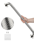 Straight Up 36 Inch Shower Grab Bar With Killer Anti Slip Knurled Grip For Bathroom Safety And Added Stability Heavy Duty Stainless Steel Support Handle Built Different For Extra Grip And Peace Of Mind with hand gripping the bar.