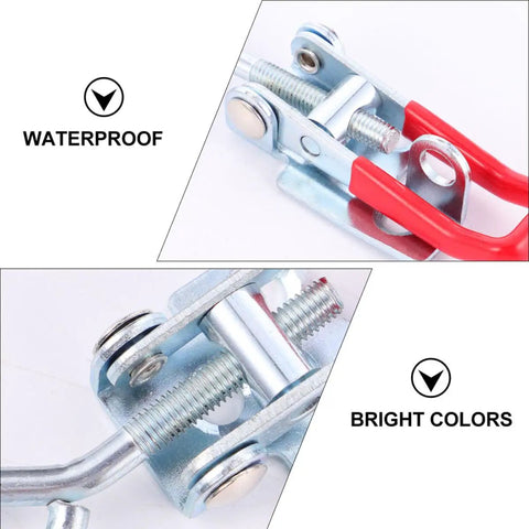 Close-up view of 2 Pack Adjustable Toggle Clamp Latch Hasp Quick Release Draw Latch Zinc Plated Iron with red handle