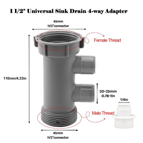1-1/2 Inch Kitchen Sink Drain Adapter With Four Way Branch And Both Male And Female Threads, Includes 1/4 Inch Filter Water Line Connector For RO Systems And Quick Installations