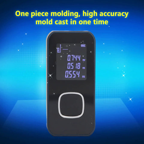 Handheld Laser Distance Meter With Aluminum Alloy Build, Dual Light Sensing Apertures, And Aspheric Focusing Mirror showing measurement display.