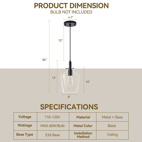 Product dimensions of Kveosv 2 Pack Kitchen Island Pendant Lights, 8" Clear Glass Shade Black Modern Farmhouse Industrial Pendant Light Fixtures.