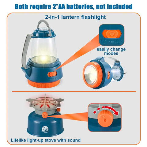 Kids Camping Set With Pop Up Tent And Outdoor Gear for Pretend Play Adventures featuring a light-up lantern and stove.