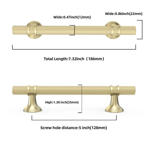 10 Pack 5 Inch Brushed Gold Cabinet Handles Premium Aluminum Zinc Alloy with detailed size and installation specs.