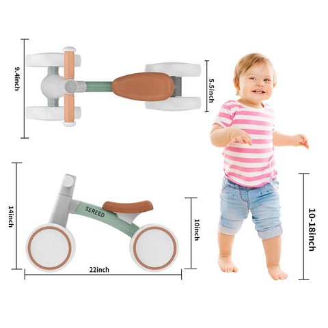 Toddler Balance Bike for 1 Year Old Baby Boys Girls First Birthday Gift No Pedal Closed Wheels, shown with dimensions and toddler.