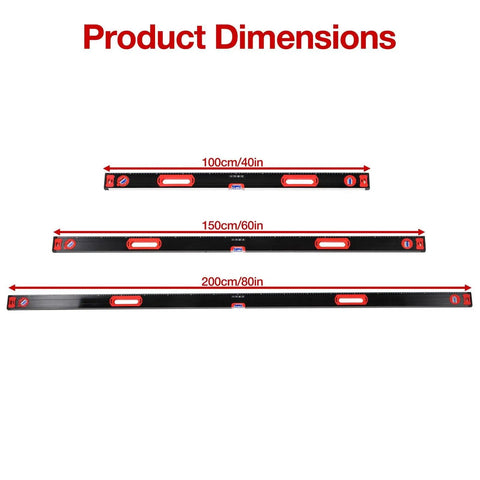 3Pcs level set, 40 60 80 Inch Aluminum Spirit Level, 45 90 180 Degree dimensions showing three levels in inches.