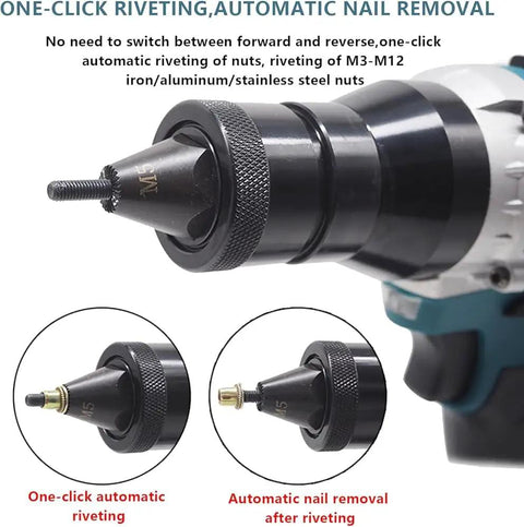 Heavy Duty Cordless Rivet And Nut Installer Kit Featuring 5200 Mah Battery Module Automatic Handheld Fastener Tool close-up of nozzle showing one-click riveting features.
