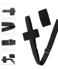 Black adjustable strap set with buckle, shown in multiple angles, suitable for fastening and securing items.