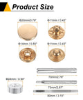 Product size details of Badass 24 Pack Gold Brass Snap Buttons With 4 Heavy Duty Setting Pliers, showing various button dimensions.
