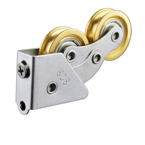 Heavy Duty Double Wheel Sliding Door Rollers Glide Smooth As Butter On Glass Or Aluminum Frames Rock Solid Stainless Steel Build With Premium Bearings Keeps Things Moving Without A Sweat Set Of Two - close-up view of stainless steel frame and wheels.