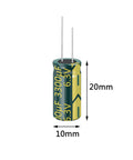 Built Tough Aluminum Electrolytic Capacitors 3300uf 6.3v 10x20mm 20 Pack side view showing dimensions and specifications.