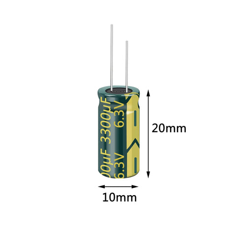 Built Tough Aluminum Electrolytic Capacitors 3300uf 6.3v 10x20mm 20 Pack side view showing dimensions and specifications.