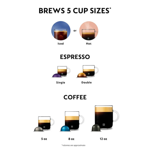 Vertuo Pop Plus Coffee And Espresso Maker brews 5 cup sizes for iced or hot drinks, including 5 oz, 8 oz, and 12 oz coffee and espresso.