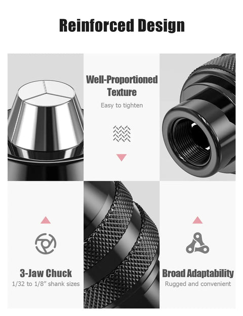 Three Jaw Keyless Drill Chuck Collet Set For Rotary Tools One Thirty Second To One Eighth Inch Shanks with reinforced design