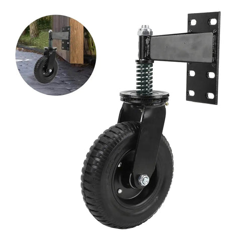 Two Pack Eight Inch Steel Rubber Gate Wheels With Silent Spring Suspension For Heavy Swing Gates And Diy Upgrades Featuring Built Tough Industry Casters That Smooth Out Dang Heavy Loads With Zero Drag Mobility with a black rubber tire and a metal mount.