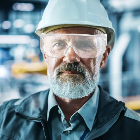 Real Deal 6 Pack Clear Lab Safety Glasses Featuring Ventilated Side Shields And Lightweight Wraparound Design For Shop Splashes And Daily Eye Protection Making Work A Breeze worn by a worker in a hard hat.