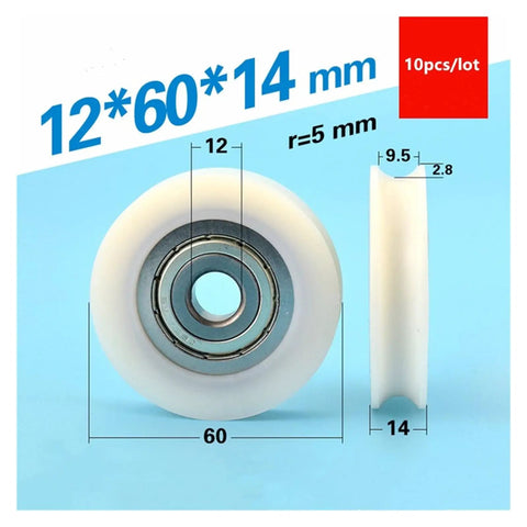 10 Pack U Groove Nylon Pulley Wheels Featuring Plastic Coated Bearings With A 12mm Bore And 60mm Diameter view showing dimensions 12mm x 60mm x 14mm.
