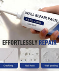 Close-up of All In One Wall Repair Kit With Patch Paste Scraper Sandpaper And Nozzle Extension being applied on cracked wall