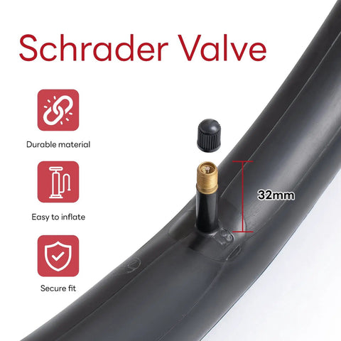 Heavy Duty Bike Inner Tube 16x1.75 To 2.25 Inch With AV32mm Schrader Valve showing valve details and features