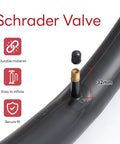 Close-up of Heavy Duty 26 Inch Bike Inner Tube 26x2.10 To 2.40 Schrader Valve AV32mm Replacement Tube with 32mm valve measurement.