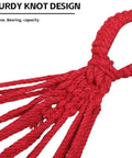 Close-up of sturdy red knot design for Rainbow Cotton Canvas Hammock With Tree Straps And Bar, Ultra Comfy Durable Fabric.