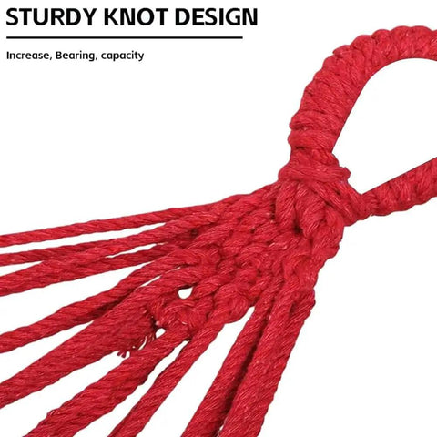 Close-up of sturdy red knot design for Rainbow Cotton Canvas Hammock With Tree Straps And Bar, Ultra Comfy Durable Fabric.