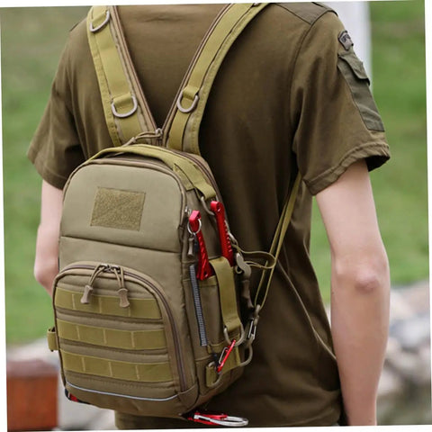 Person wearing Camouflage Oxford Cloth Outdoor Fishing Backpack With Large Capacity Tactical Hiking Daypack For Men Women And Boys Tough Camping Gear Organizer For Trekking Travel And Everyday Adventures