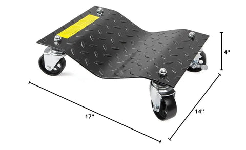 Four Pack Premium Badass Wheel Dollies For Moving Your Rig Rated At 6000 Lbs Capacity Rock Solid Steel Car Trackers And Truck Sliders Rust Free Garage Essential For One Person Job Site Rollout, 17"x14" steel dolly with swivel casters.