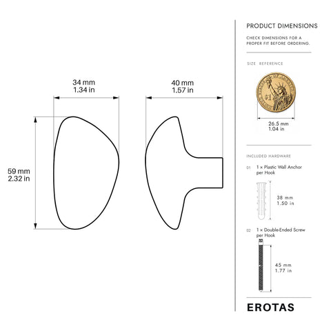Dimensions of Sweet Looking Pebble Wall Hook Built From Top Shelf 304 Stainless Steel, showing sizes and included hardware.