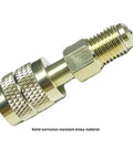 Top Shelf 1/4 Inch Sae Brass Refrigerant Adapter For R32 And R454B Gas Cylinders with ribbed handle for grip.