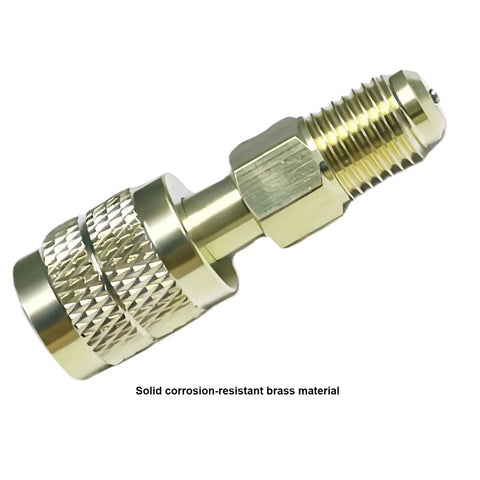 Top Shelf 1/4 Inch Sae Brass Refrigerant Adapter For R32 And R454B Gas Cylinders with ribbed handle for grip.