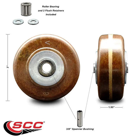 Tough As Nails 3 X 1.5 Inch High Temperature Phenolic Caster Wheel Only With Precision Roller Bearing And 3 8 Inch Bore Rated At 400 Lbs Per Unit showing 3" diameter with bushing.