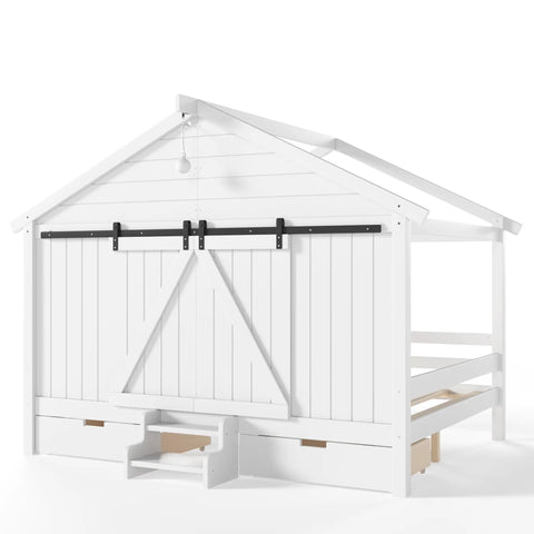 Kid Approved Full Size Floor Bed Frame With Sliding Barn Door And Built In Soft Glow Light, white wooden frame with steps.