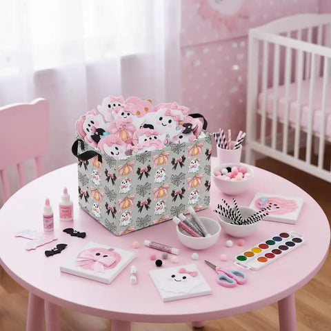 Dope Boo Halloween Basket For Kids With Pink Bow Glowing Ghost Canvas Trick Or Treat Tote Sweet Candy Storage Bin with toys on pink table.