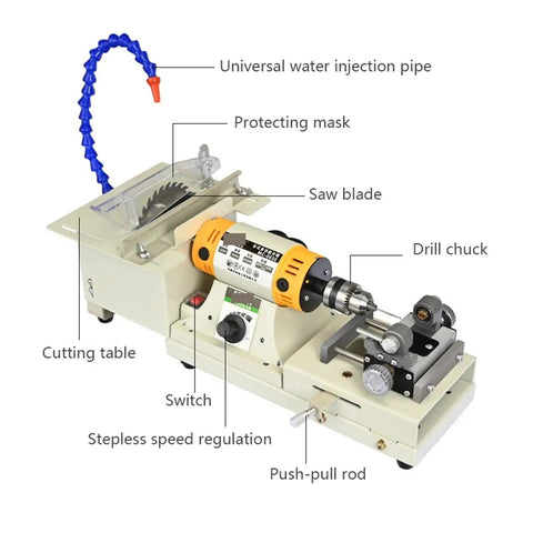 Premium 850W Mini Bench Grinder And Jade Polishing Table For Metal Wood Jewelry Craft, showing saw blade and drill chuck.
