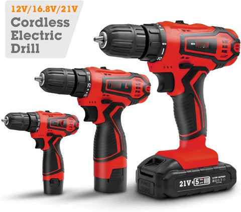Compact 21V Cordless Drill Kit Featherweight Power Driver with three drill sizes, featuring ergonomic design and adjustable chuck.