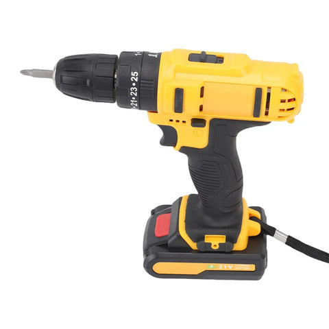 Rugged 21V Cordless Drill And 3 In 1 Impact Driver Kit Featuring Straight Shooting Accuracy Up To 1280 Rpm side view with battery