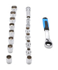 17 Piece Pass Through Socket Set With 72 Tooth Ratchet Wrench Crafted From Tough Chrome Vanadium Steel showcasing sockets and ratchet.